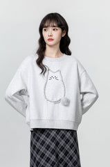 Gray Loose Cartoon Cat Pullover Sweater