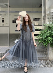 Gray Mesh Panel Loose Fit T Shirt Dress