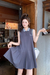 Gray Pleated Polo Dress Casual Sporty Style
