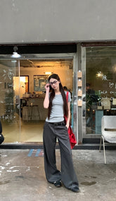 Gray Relaxed Fit Wide Leg Suit Pants