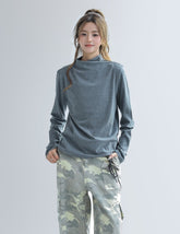 Gray Ruched Long Sleeve Slim Fit Layering Top