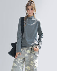 Gray Ruched Long Sleeve Slim Fit Layering Top