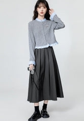 Gray Ruffled Knit Cardigan With Colorblock Trim