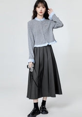 Gray Ruffled Knit Cardigan With Colorblock Trim