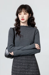 Gray Ruffled Knit Turtleneck Sweater