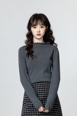 Gray Ruffled Knit Turtleneck Sweater