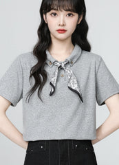 Gray Scarf Collar Short Sleeve Polo Top