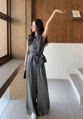 Gray Sleeveless Tie Waist Vest Wide Leg Pants Set