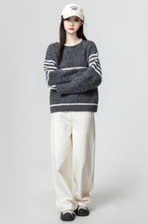 Gray Striped Knitted Sweater Pullover
