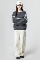 Gray Striped Knitted Sweater Pullover