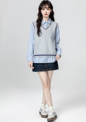 Gray V Neck Knit Sweater Vest Casual Loose