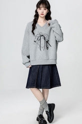 Gray V Neck Pullover Sweatshirt With Bow Detail