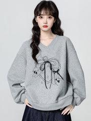 Gray V Neck Pullover Sweatshirt With Bow Detail