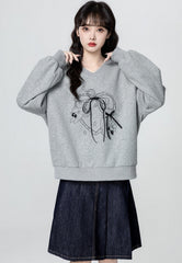 Gray V Neck Pullover Sweatshirt With Bow Detail