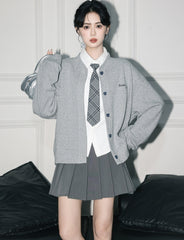 Gray Varsity Baseball Jacket Short Zip Hoodie