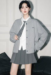 Gray Varsity Baseball Jacket Short Zip Hoodie