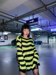 Green And Black Ragged Loose Sweater