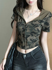 Green Camouflage Short Sleeve Zip Hoodie