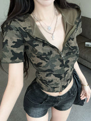 Green Camouflage Short Sleeve Zip Hoodie
