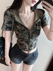 Green Camouflage Short Sleeve Zip Hoodie