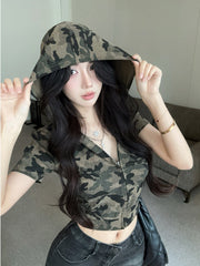 Green Camouflage Short Sleeve Zip Hoodie
