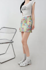 Green Floral High Waist A Line Mini Skirt
