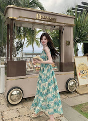 Green Floral High Waist Vacation Maxi Dress