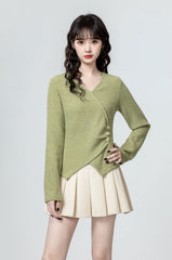 Green Irregular Vneck Long Sleeve Top