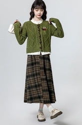 Green Layered Cable Knit Short Cardigan Top