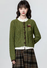 Green Layered Cable Knit Short Cardigan Top