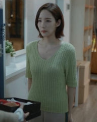 Green Ribbed V-Neck T-Shirt