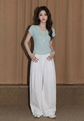 Green V Neck Knit Short Sleeve Top