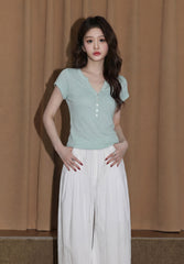 Green V Neck Knit Short Sleeve Top