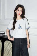Grey Cartoon Embroidered Patchwork Crewneck T Shirt