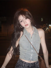 Grey Collared Halter Denim Top
