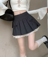 Grey Double Bow Laced Pleated Skirt
