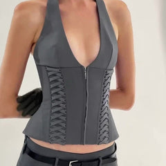 Grey Double Lace-Up Halter Top