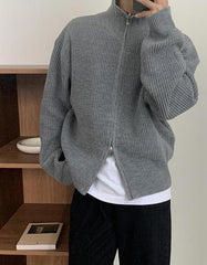 Grey Double Zipper Knitted Jacket