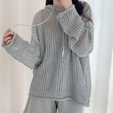 Grey Fishnet Drawstring Hoodie