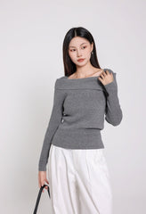 Grey Folded Collar Ribbed Knit Sweater