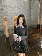 Grey Layered Style Button-Up Cardigan