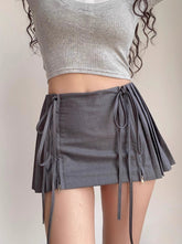 Grey Long Lace Pleated Mini Skirt