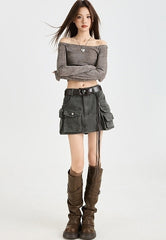 Grey Multi-Pocket Cargo Skirt