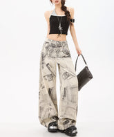 Grey Patchwork Print Wide-Leg Edgy Jeans