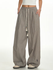 Grey Pinstripe Pleated Wide-Leg Pants