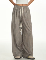 Grey Pinstripe Pleated Wide-Leg Pants