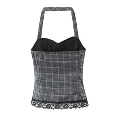 Grey Plaid Lace-Trim Halter Top