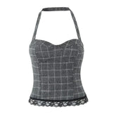 Grey Plaid Lace-Trim Halter Top