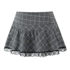 Grey Plaid Lace-Trim Skirt