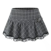 Grey Plaid Lace-Trim Skirt